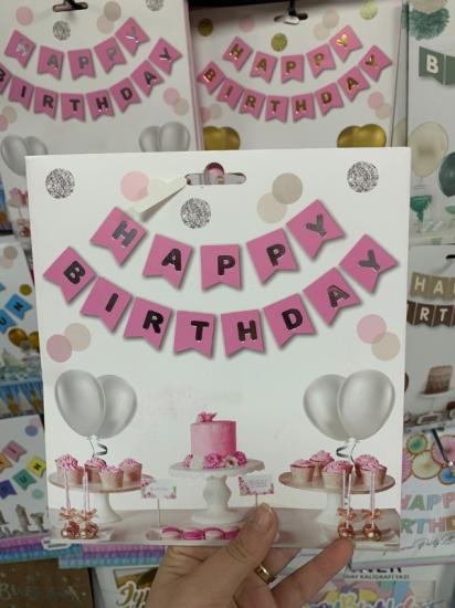 Toptan Pembe Üzeri Gümüş Happy Birthday Banner