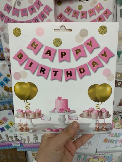 Toptan Pembe Üzeri Gold  Happy Birthday Banner